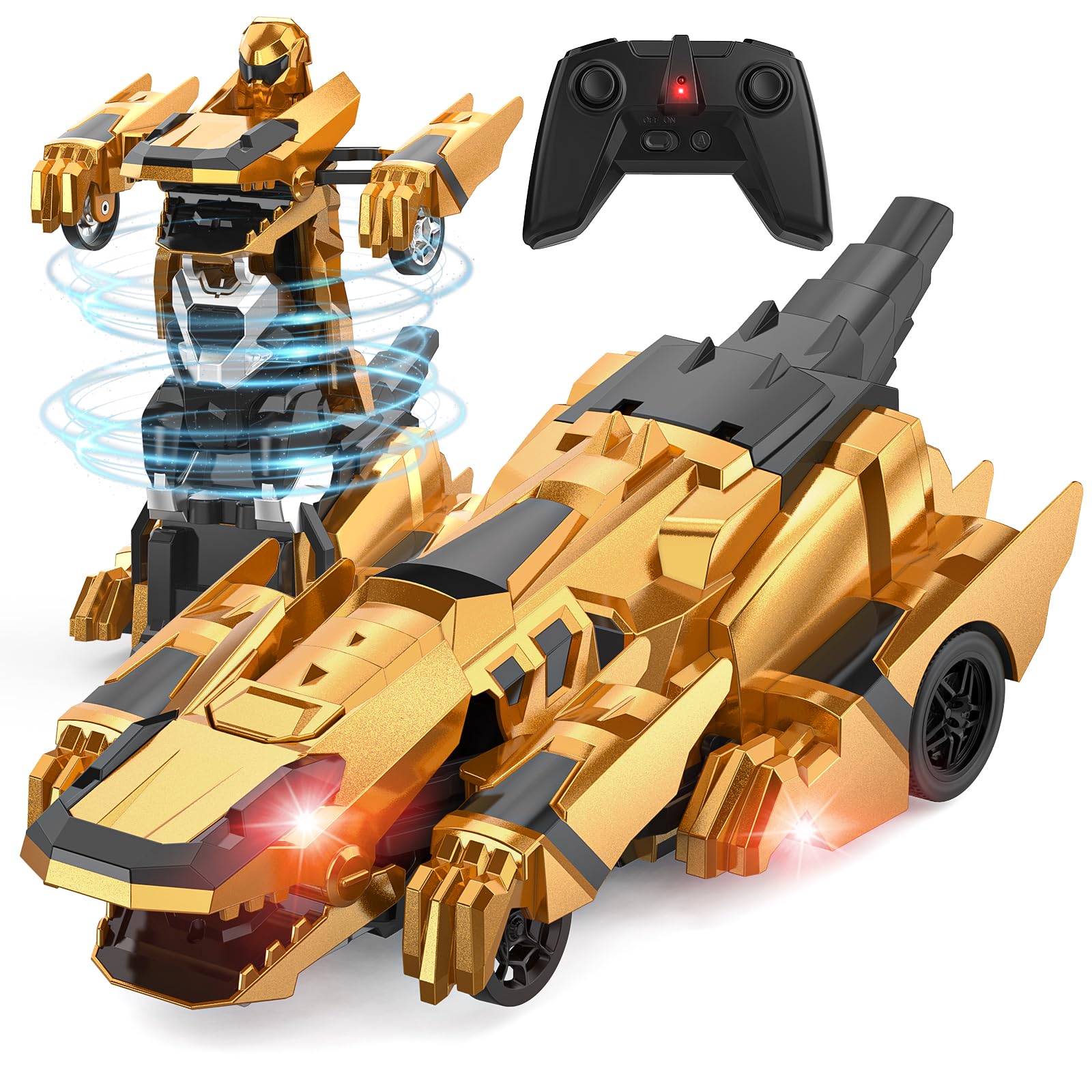 Kroyedfuw Dinosaur Transform RC Car front view with flashing lights for playtime.