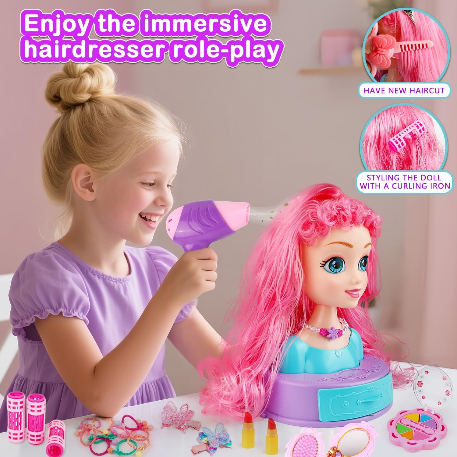 Kryonixty realistic hairdryer enhances authentic styling during playtime.