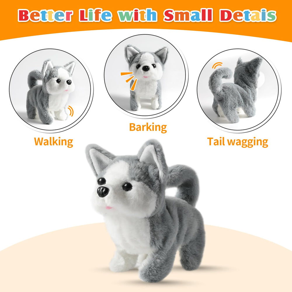 KSABVAIA husky toy tail wagging invites kids to imitate pets.