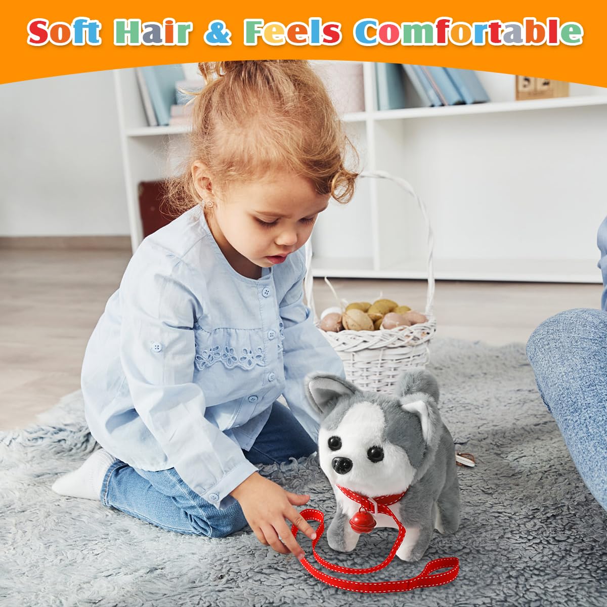 Convenient two AA batteries power immediate interaction when kids tap the puppy’s head.