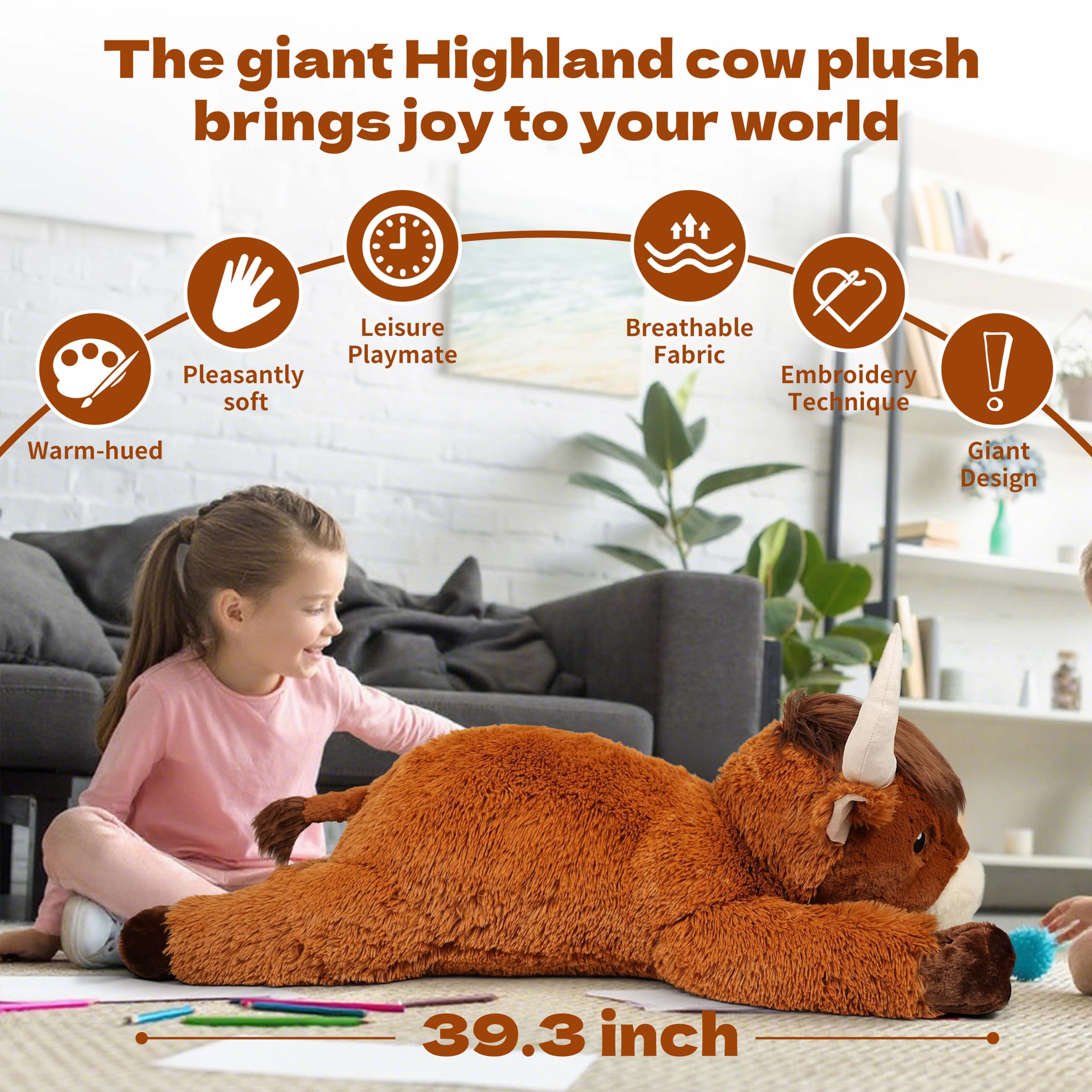 Ksidzas Highland cow plush showing embroidered eyes and horns detail.