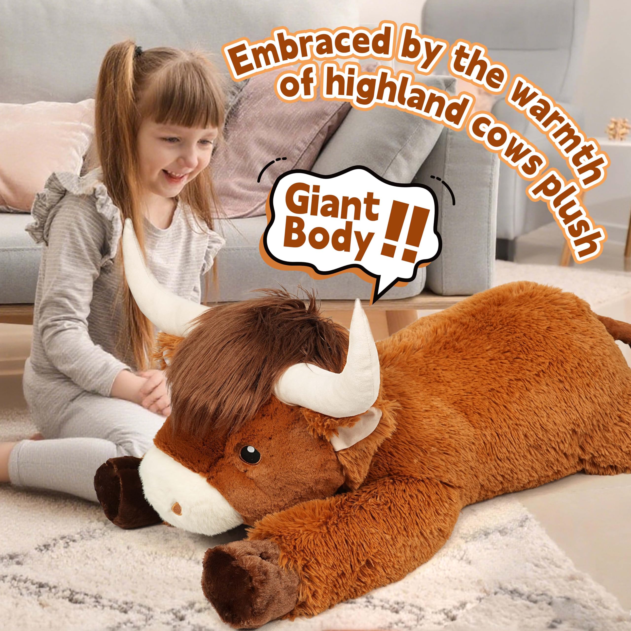 Ksidzas Highland cow plush resting on bed as cozy decor.