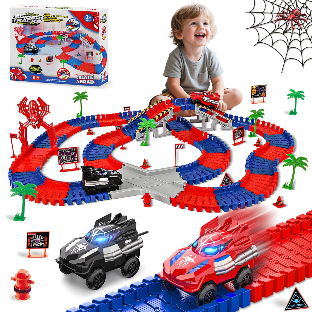 Kssvzz Spider Race Track assembly scene showcasing modular pieces for endless layout creativity.