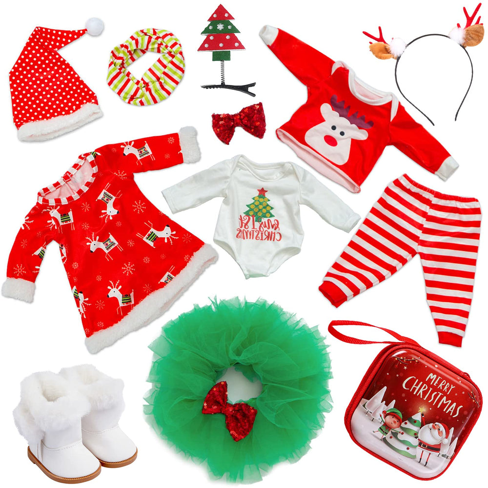 K.T.Fancy 18-inch doll Christmas dress and accessories for playtime.
