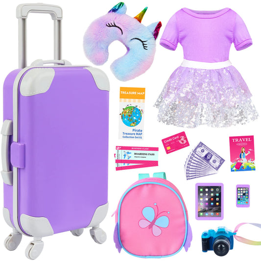 KT Fancy 18-inch doll travel suitcase with rotating wheels for easy pretend travel