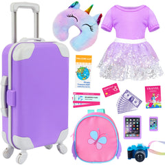 KT Fancy 18-inch doll travel suitcase with rotating wheels for easy pretend travel