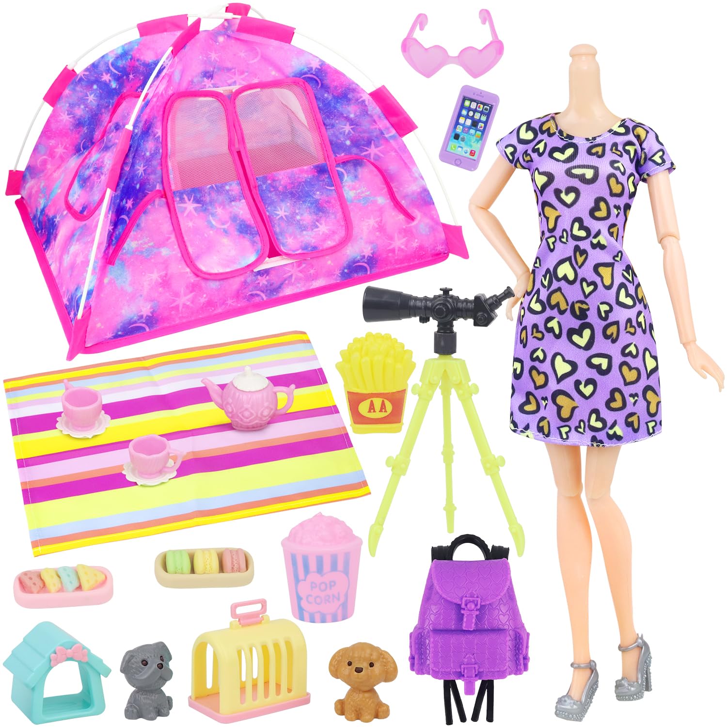 K.T. Fancy 18-piece doll camping set with tent for imaginative play.