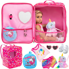 K.T. Fancy 7-piece 18in doll bag carrier set main view, roomy design for doll and accessories.