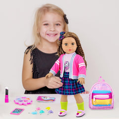 K.T. Fancy backpack offers movable zipper for interactive pretend trips.