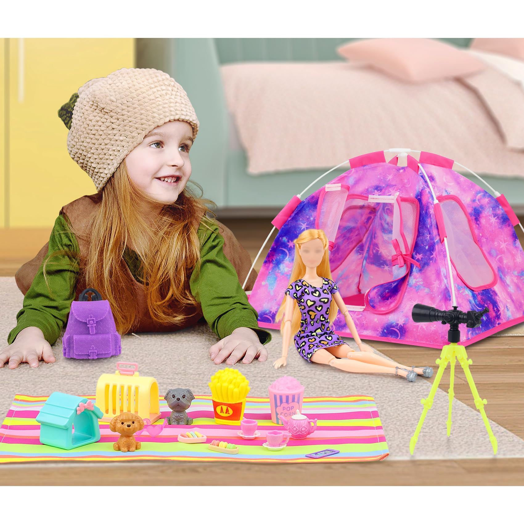 K.T. Fancy doll backpack and accessories for pretend journeys.