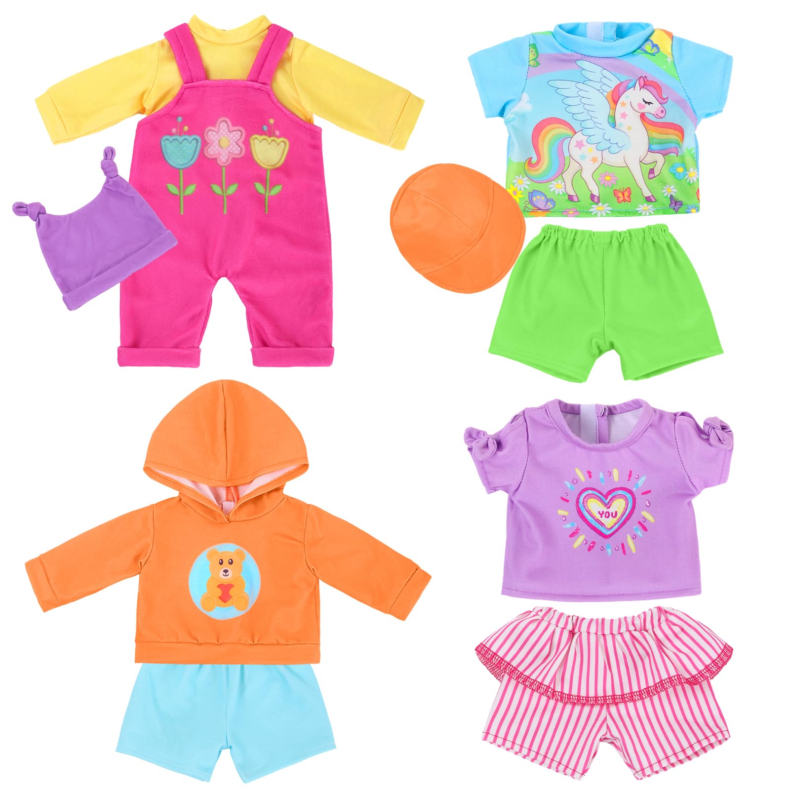 KT Fancy four-set outfits with rainbow horse pattern for 16-18 inch dolls, ideal for imaginative play.