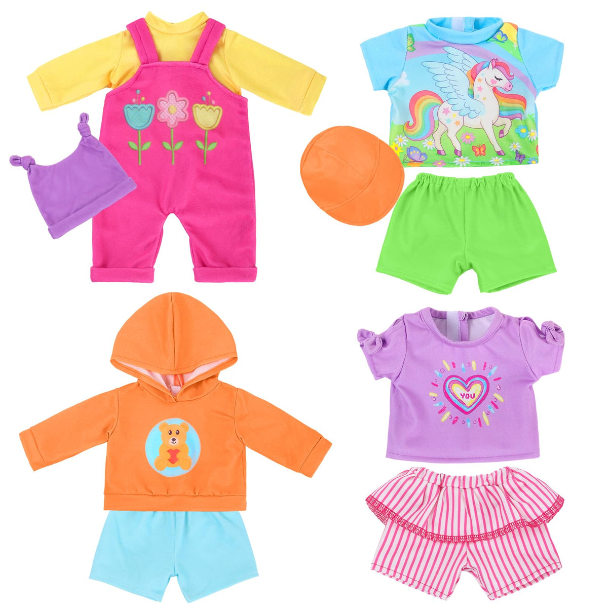 KT Fancy four-set outfits with rainbow horse pattern for 16-18 inch dolls, ideal for imaginative play.