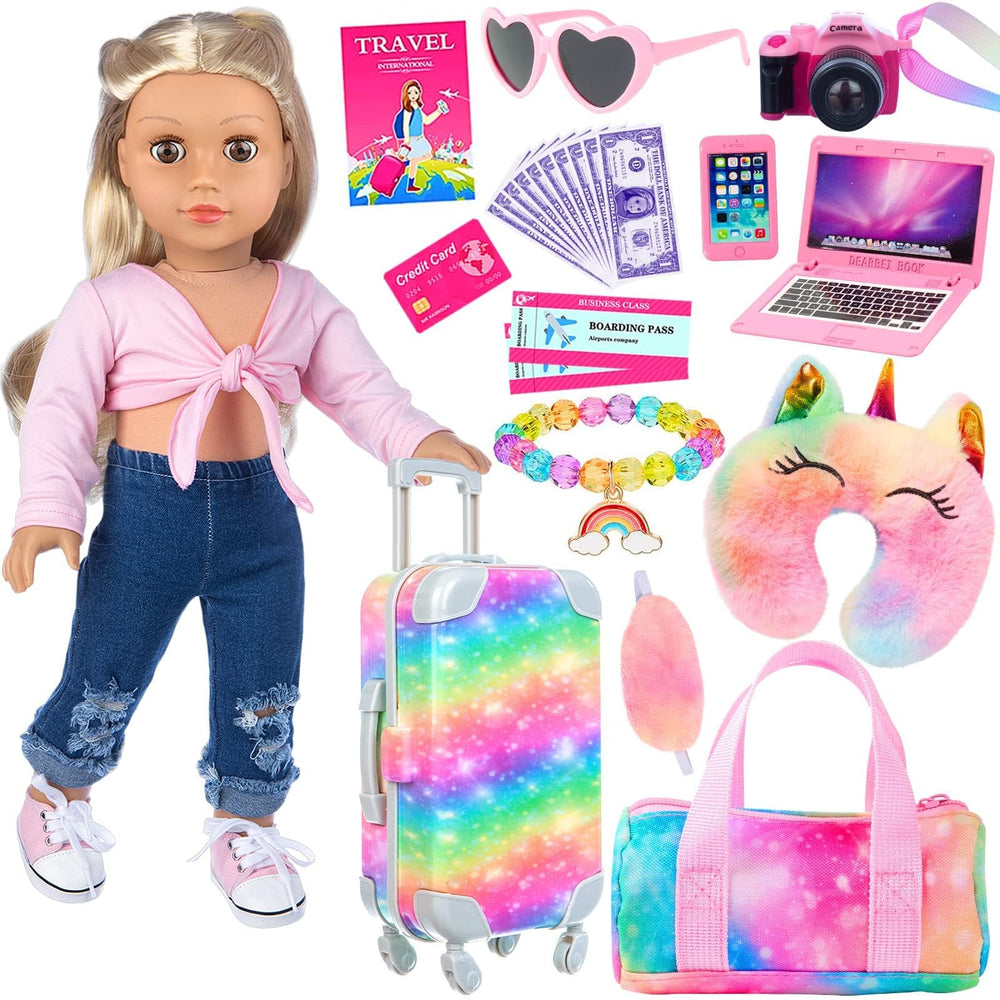 K.T. Fancy rainbow suitcase for 18-inch dolls, inviting travel-themed play.
