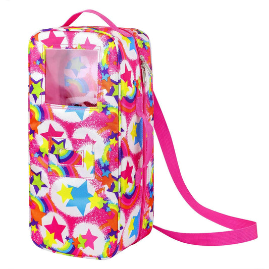 KT Fancy Stars doll travel bag front view with crossbody strap for easy transport