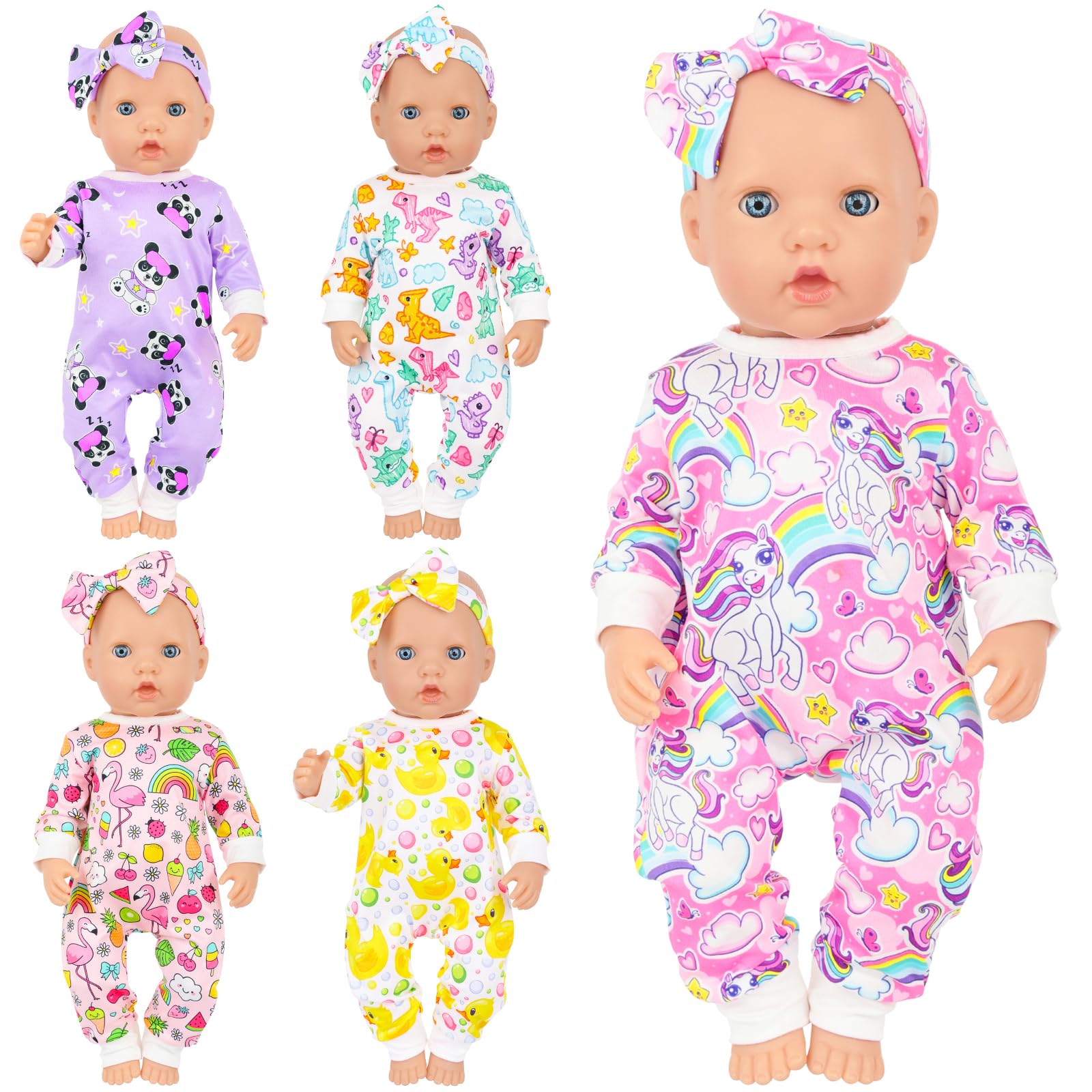 K.T. Fancy panda jumpsuit with bow headband for 14-18 inch dolls, inspiring imaginative play.