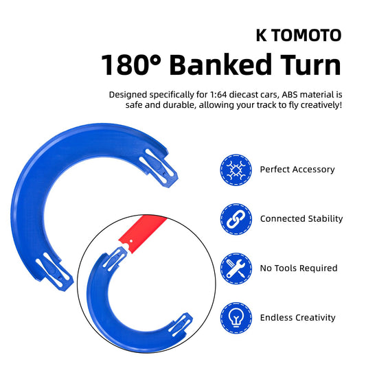 K TOMOTO blue banked turn piece connects with existing tracks for versatile layouts.