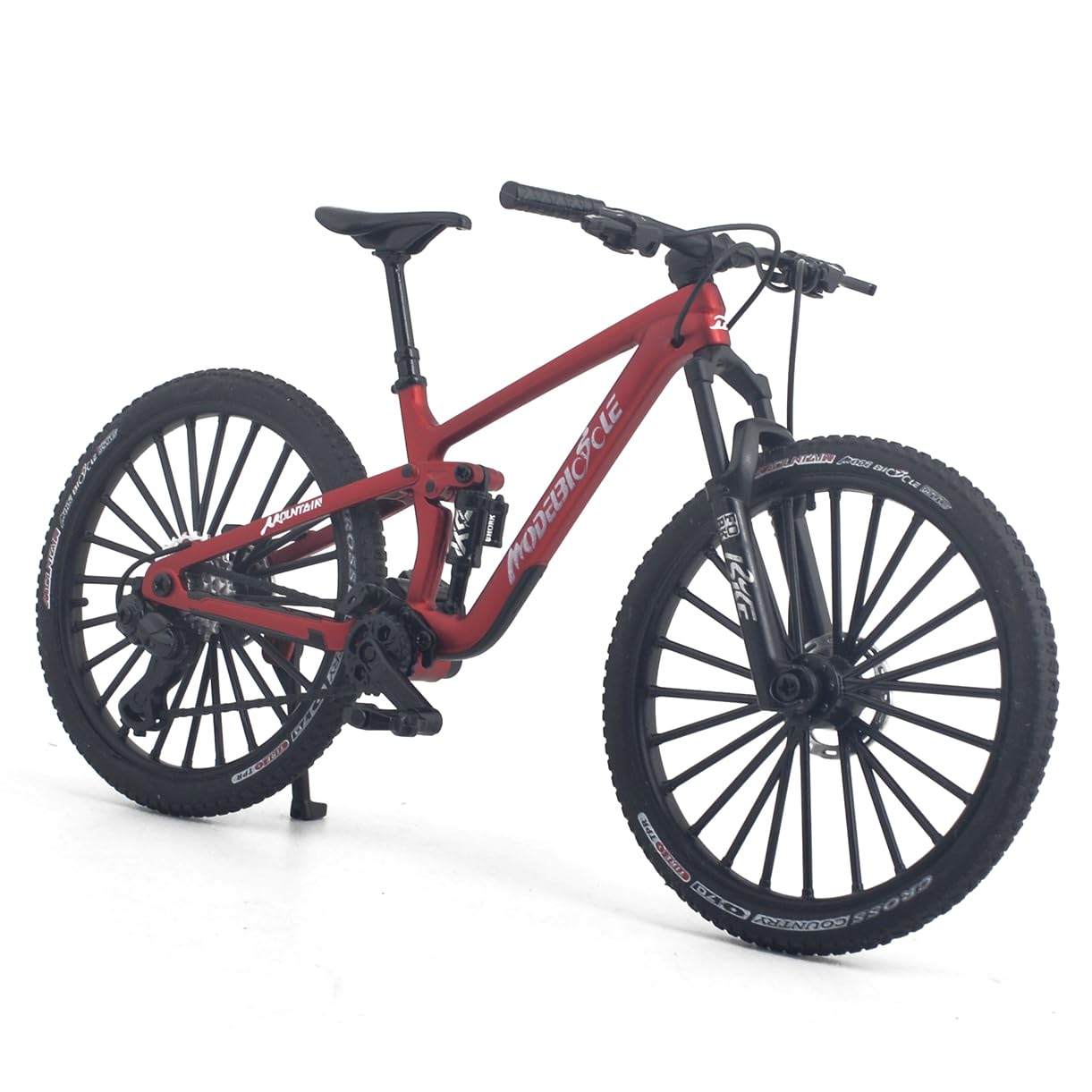 Kuasting 1:8 scale mountain bike model, front view, a detailed desk decor piece for cycling fans.