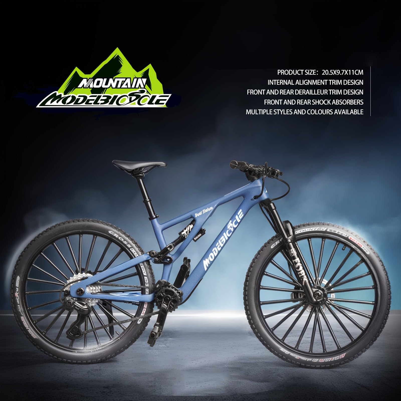 Kuasting blue die-cast mountain bike front view highlighting steering elements