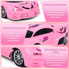 KULARIWORLD pink RC car headlights illuminate dark play spaces.