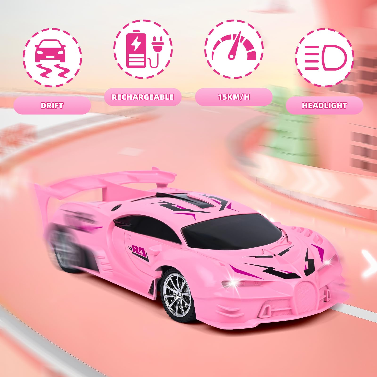 KULARIWORLD pink RC car side view highlighting compact size for easy storage.