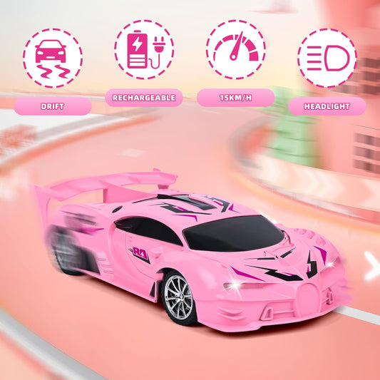 KULARIWORLD pink RC car side view highlighting compact size for easy storage.
