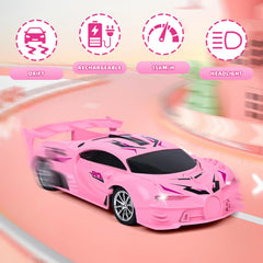 KULARIWORLD pink RC car side view highlighting compact size for easy storage.