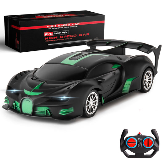 KULARIWORLD RC car 1/18 green and black front view with vivid headlights for night play.