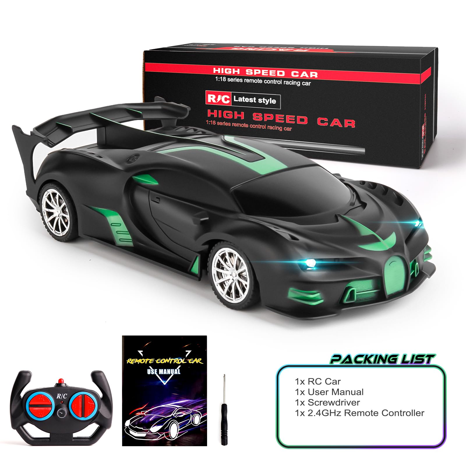 KULARIWORLD headlights-lit front view showcases visibility during indoor play.
