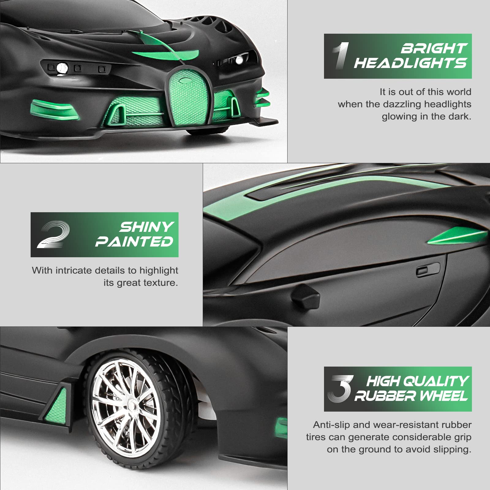 KULARIWORLD 1/18 green black RC car left side highlights wheel grip for smooth turns.
