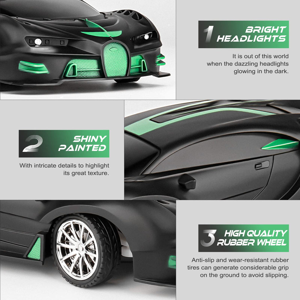 KULARIWORLD 1/18 green black RC car left side highlights wheel grip for smooth turns.