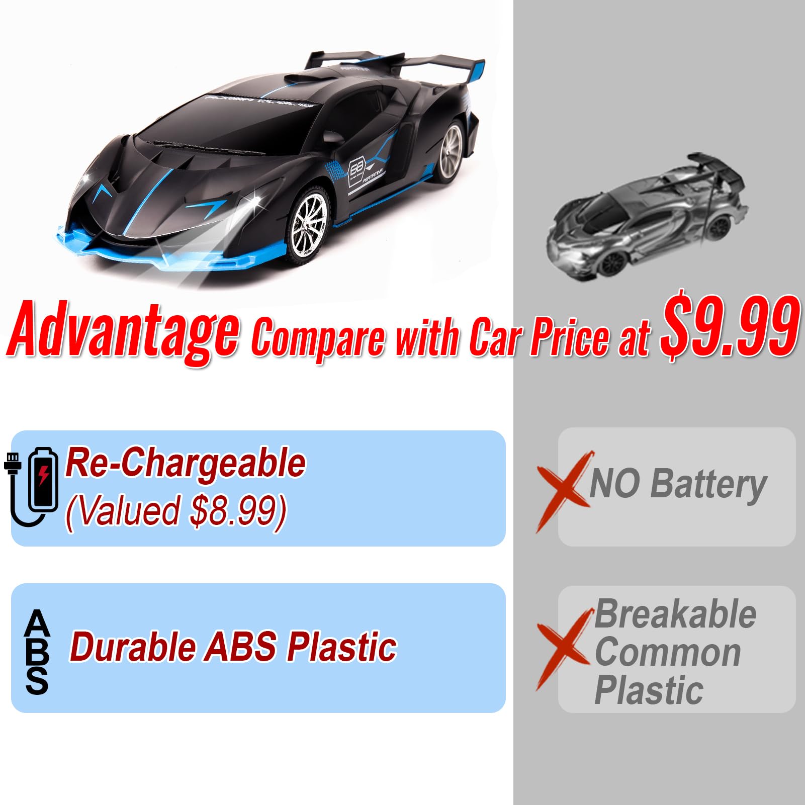 KULARIWORLD RC car headlights glow to enhance nighttime driving experiences.