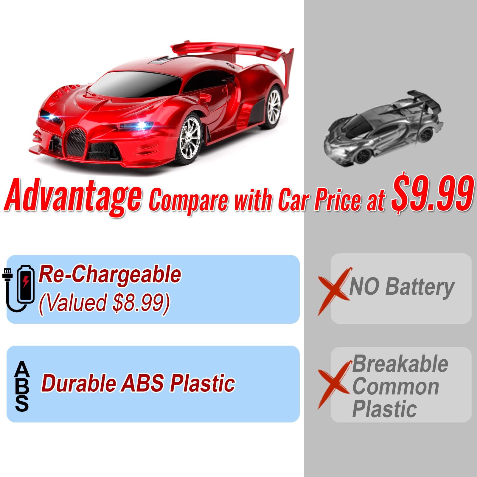 KULARIWORLD RC car red side view highlighting compact dimensions for tight spaces