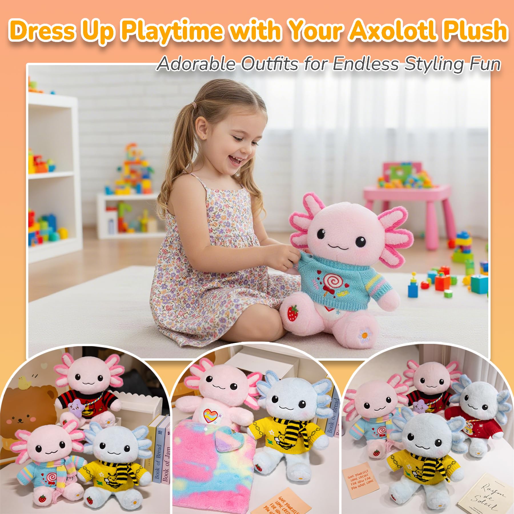 KUMANEKO gift set display showcasing plush, bag, outfits, and stickers.