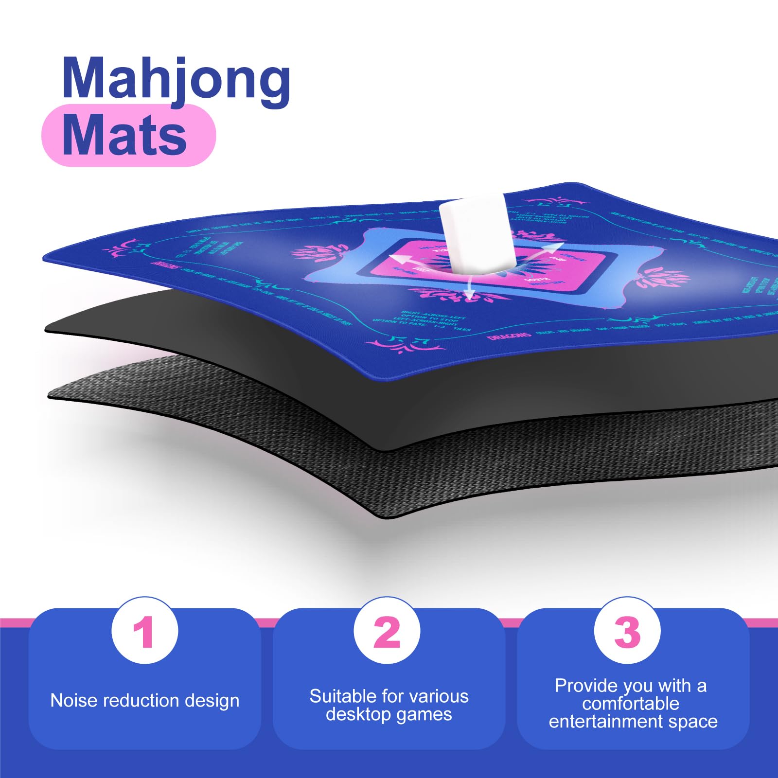 KUNTE Mahjong Mat's non-slip bottom in blue keeps tiles from sliding during play.