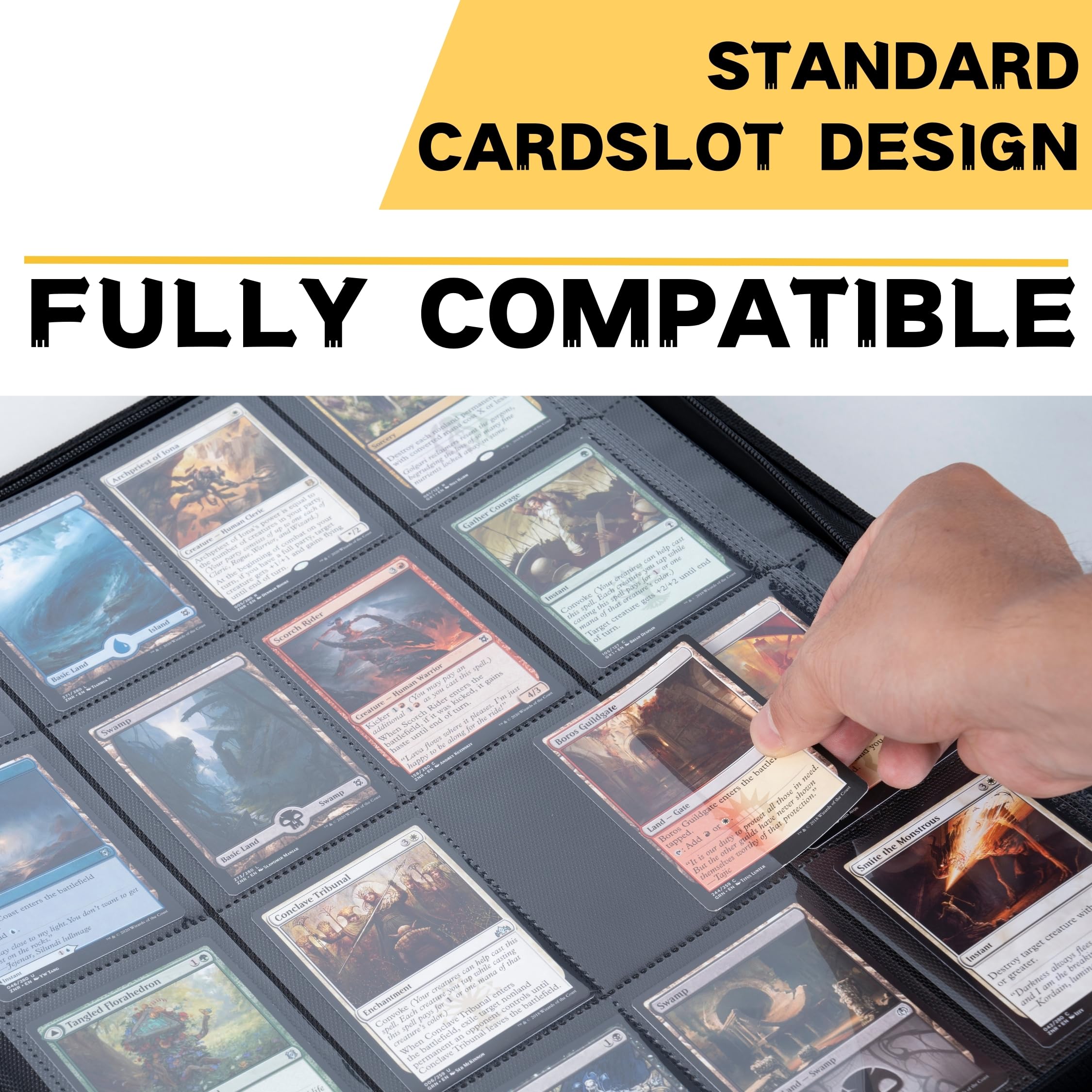 KUOOKING binder demonstrating MTG and sports cards compatibility across formats.