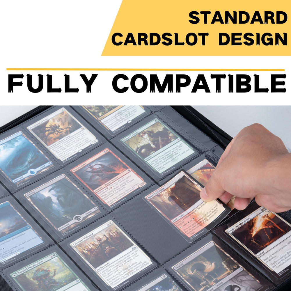 KUOOKING binder demonstrating MTG and sports cards compatibility across formats.