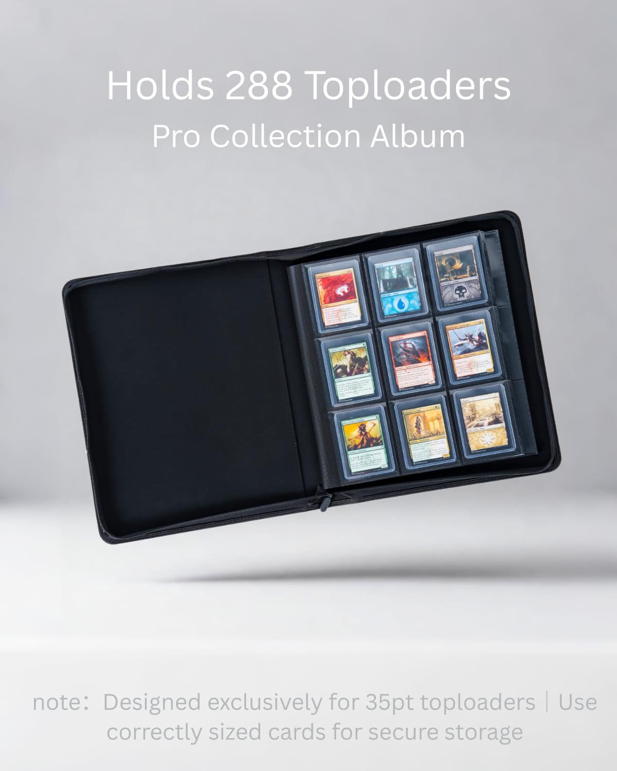 KUOOKING Toploader Binder dust-proof zipper guards decks during transport.