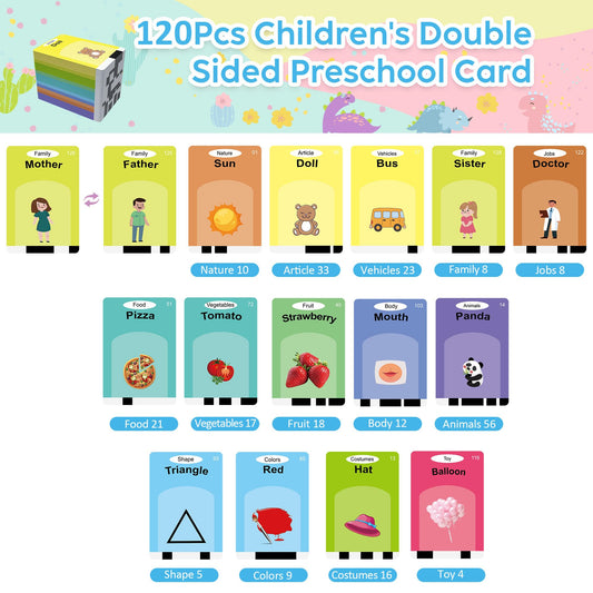 Kuovei talking flash cards showing 120 double-sided cards for vocabulary building