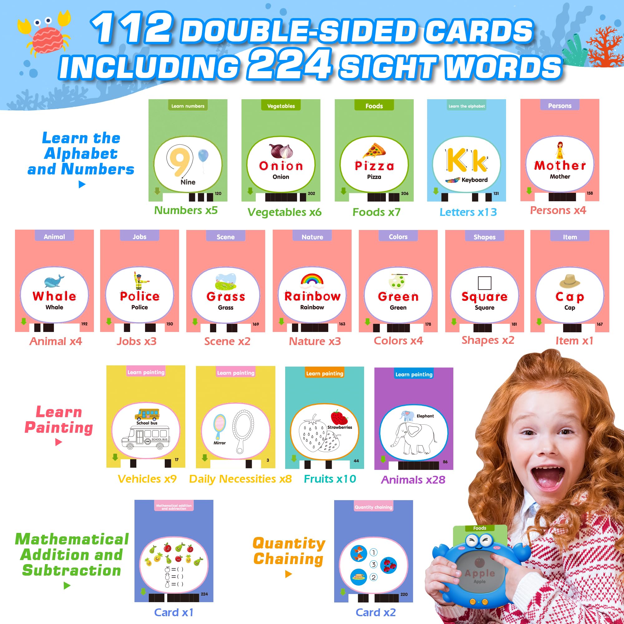 Kuovei Talking Flash Cards detachable crab pincers become a pen for writing and drawing.