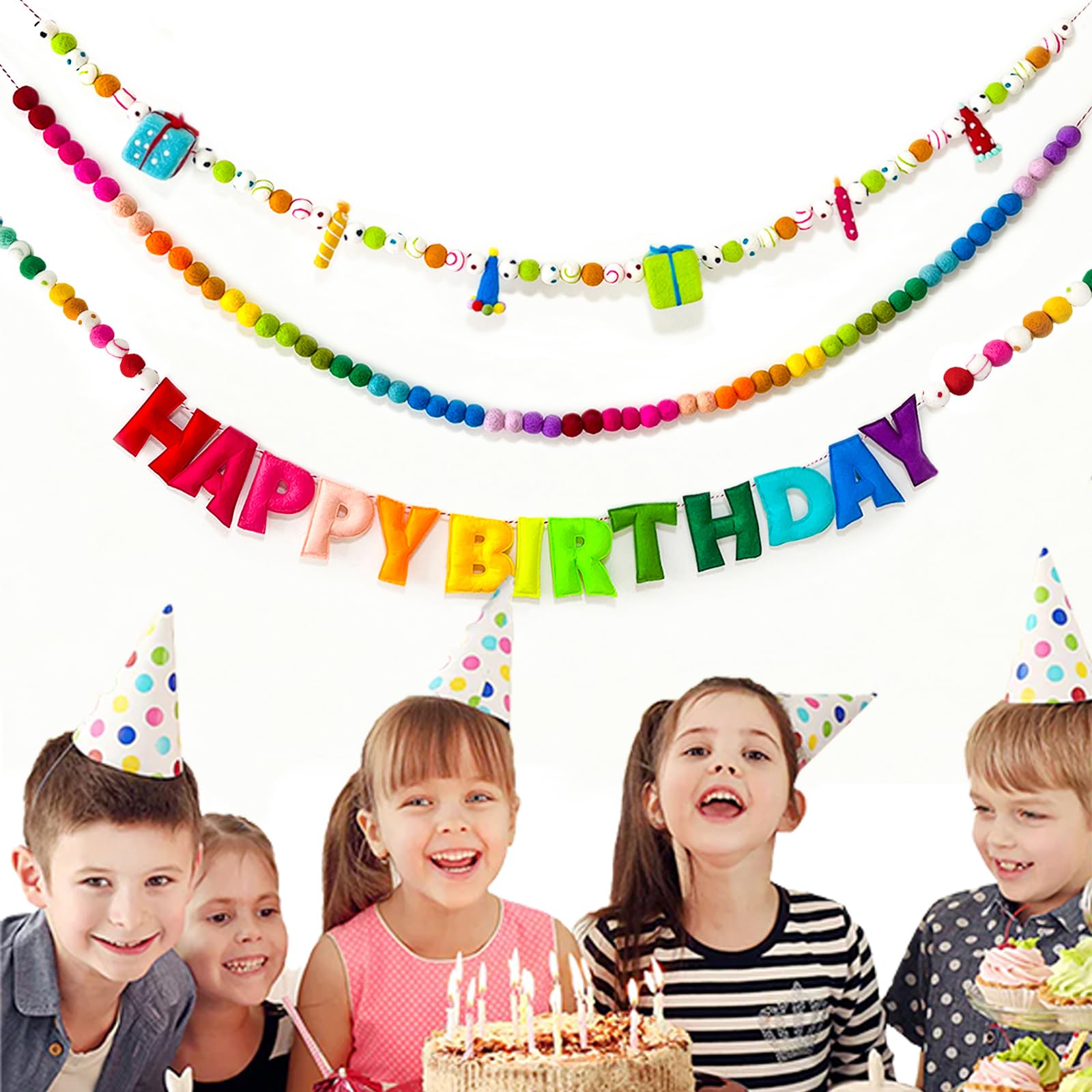KUQJJQU 24-piece felt ball garland enhances birthday backdrop