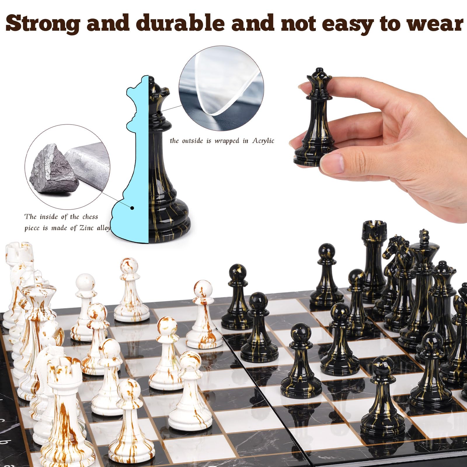 Kvintes chrome metal chess pieces add shine and quick setup.