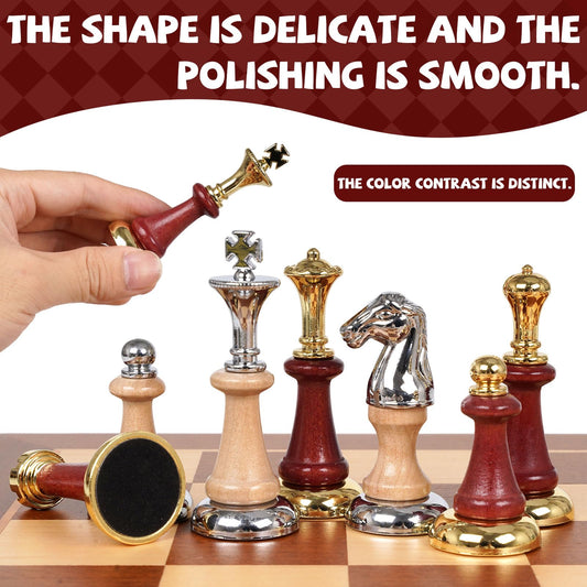 Kvintes metal and wooden chess pieces offering a premium, weighted feel.