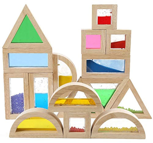 Kvintes rainbow blocks 16-piece set stacked into a tower for toddlers.