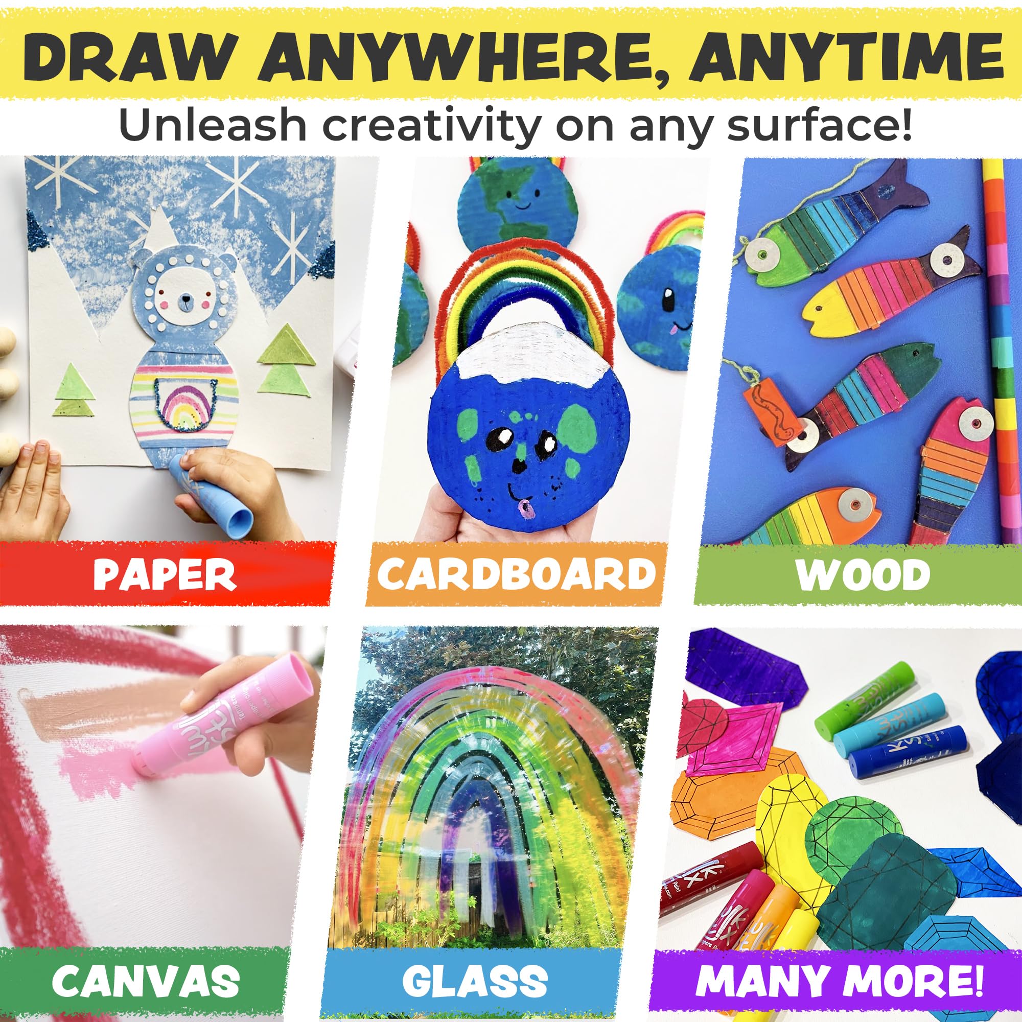Kwik Stix Cuties on posters, canvas, and wood show versatility.