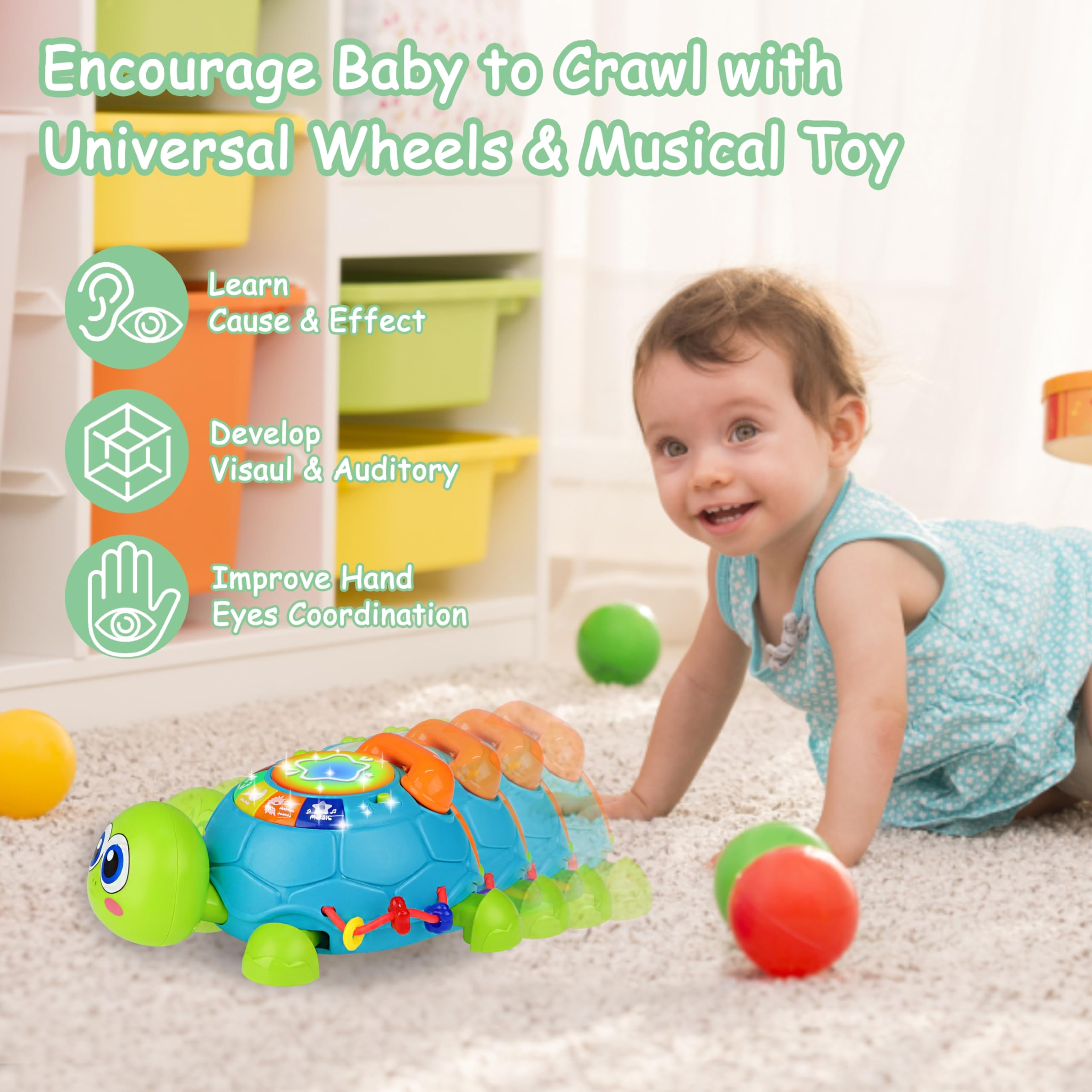 KWYZ Musical Turtle Crawling Toy side view supports tummy time engagement.