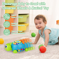KWYZ Musical Turtle Crawling Toy side view supports tummy time engagement.