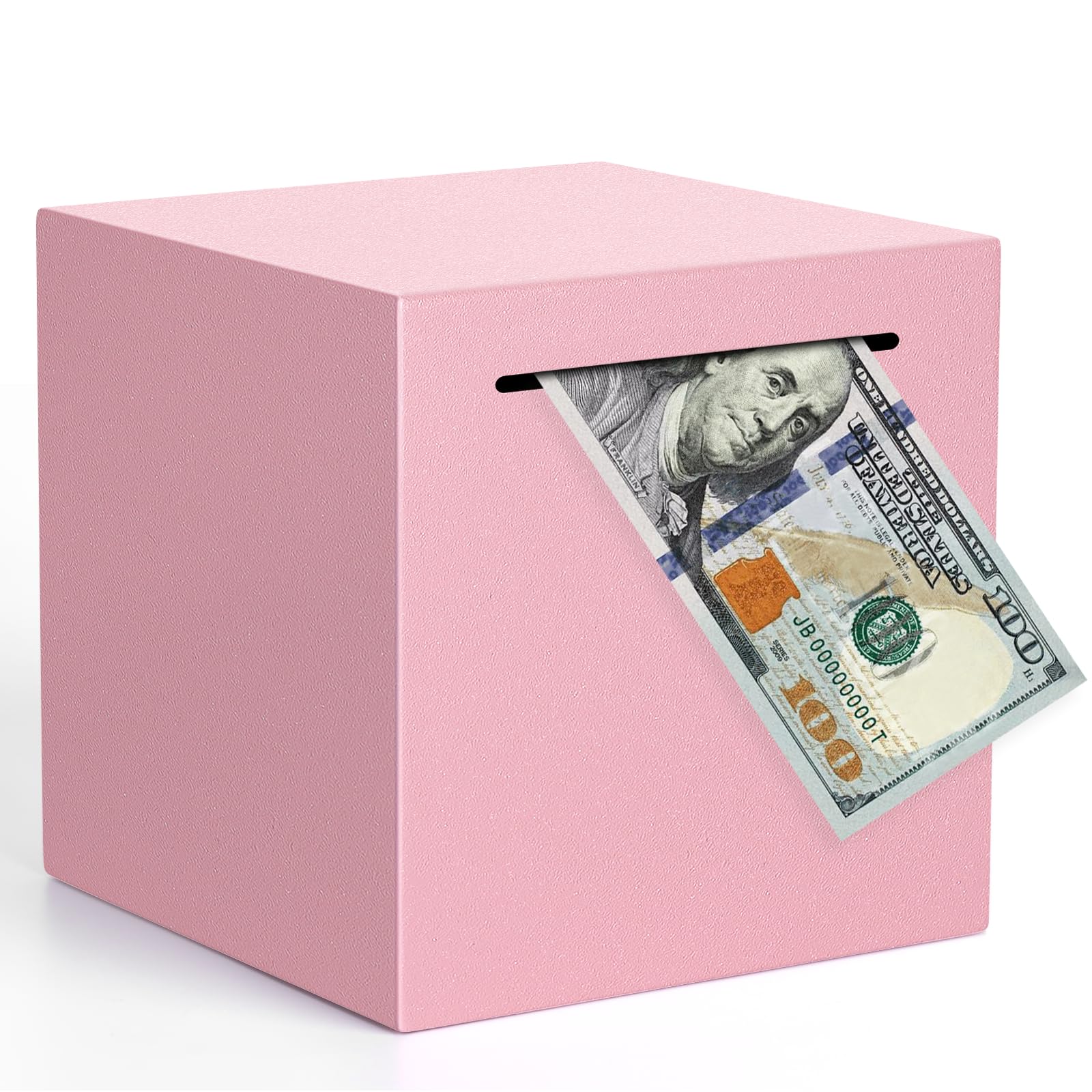 Kypeeka pink piggy bank front view with a durable stainless steel finish.