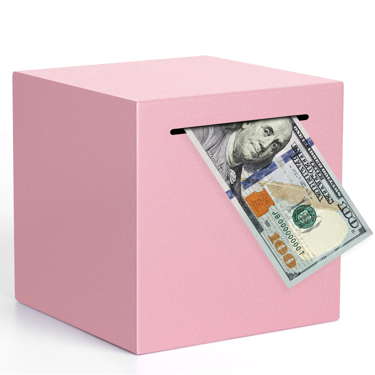 Kypeeka pink piggy bank front view with a durable stainless steel finish.