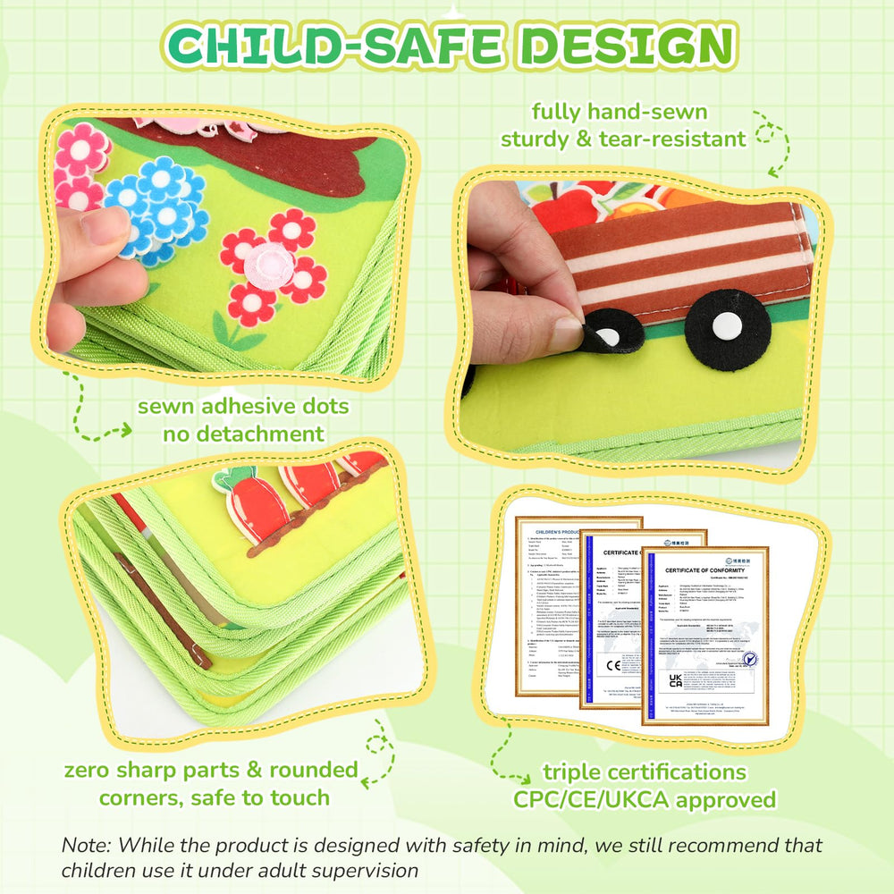 Kyteazr Busy Book safe, durable felt with no sharp edges for worry-free play.