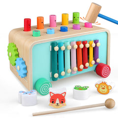 LAAVII Montessori Hammer Pounding Toy wooden blocks close-up showing durable craftsmanship